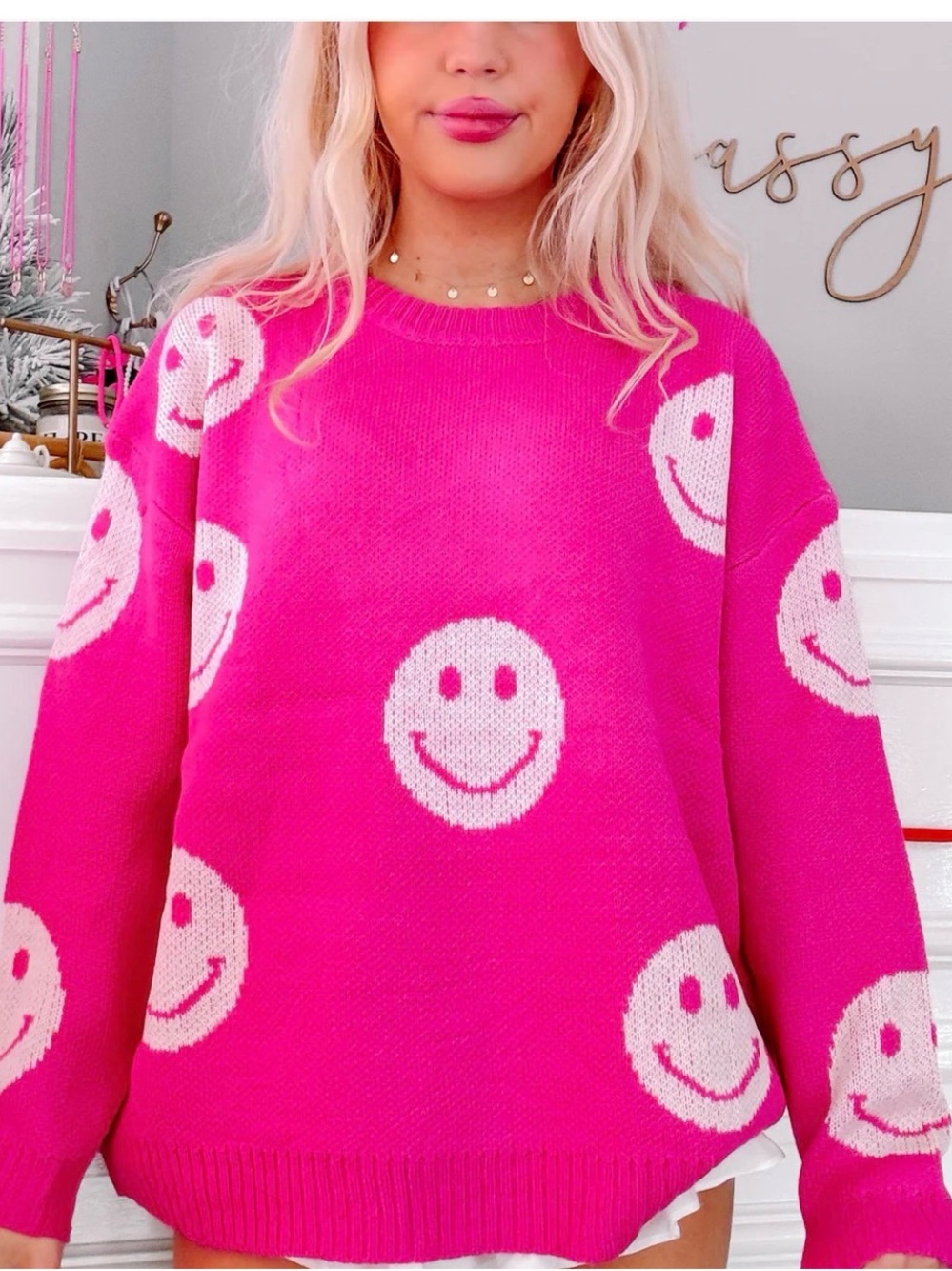 Miles of Smiles Hot Pink Sweater a bright pink sweater featuring white smiley L
